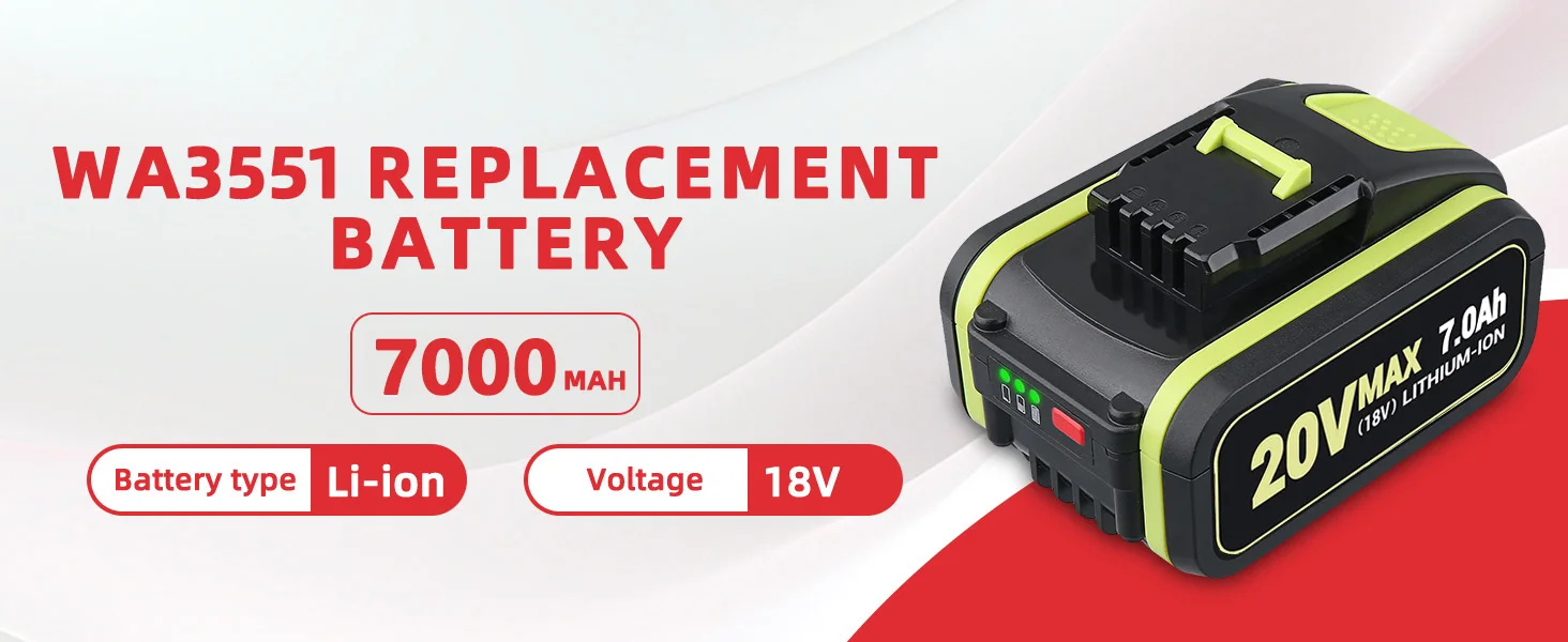 1/2/4Pcs 7.0Ah WA3551 Replace for Worx 20V Li-on Battery Pin WA3553 WA3556 WA3570,Compatible with WX390 WX178 Cordless Tools