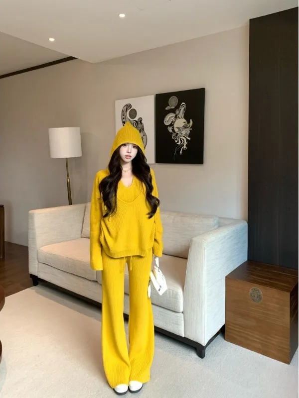 

Ladies' Lazy Hooded Knitted Sweater Set with Necklace Winter Casual Straight Leg Pants Three-piece Set Bright Yellow Color