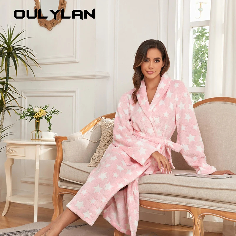 Oulylan Women Flannel Robe Home Sleepwear Floral Print Shawl Collar Bathrobe Kimono Robe with Belt Winter Warm Pajamas Clothes