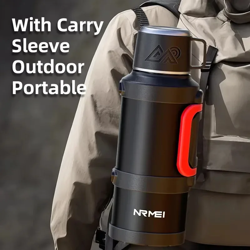 زجاجة مياه معزولة من الفولاذ المقاوم للصدأ مع مقبض زجاجة ترمس محمولة ذات سعة كبيرة في الهواء الطلق، تحافظ على ساخنة وباردة لمدة 72 ساعة