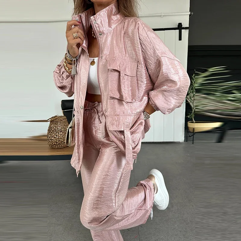 Nice Autumn Winter Women Stand Collar Jacket And Pants Sets Casual High Street Pocket Cargo Suit Fashion Long Sleeved Loose Outf