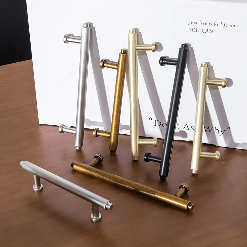 American Style Antique Brass Cabinet Pulls Gold Closet Door Handles Solid Round Bar Hardware Pulls Retro Furniture Drawer Pulls
