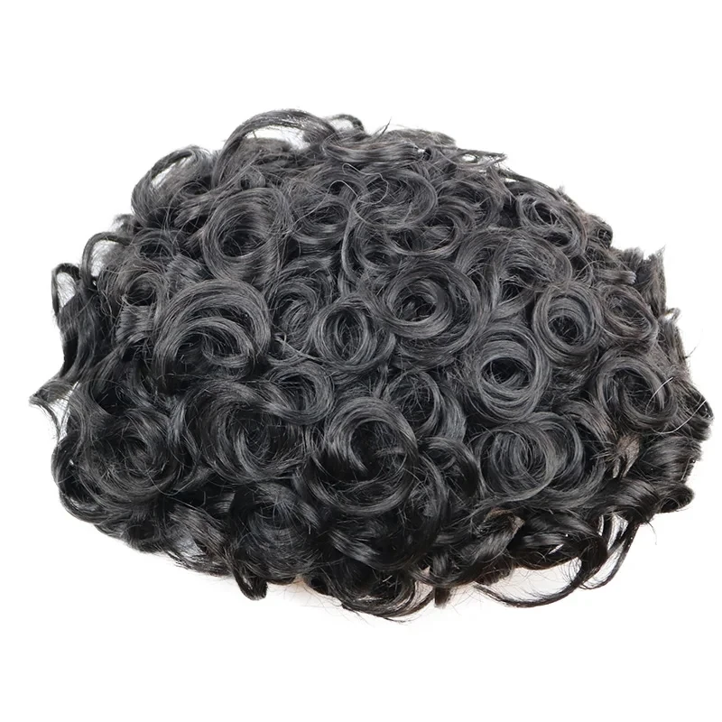 26mm encaracolado base de pele completa 100% cabelo humano peruca durável sistema de prótese preto cinza marrom peças de cabelo natural linha fina