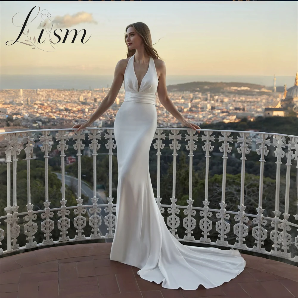 Lism Modern Wedding Dress Backless Sexy Mermaid Halter Buttons Sweep Train Pleated Long Bridal Gowns Vestidos De Novia Customize