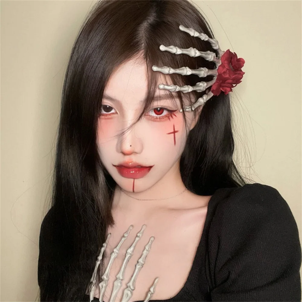 Retro Skeleton Hand Rose Hairpin Halloween Female Little Devil Ghost Claw Hair Accessory Punk Skull Rose Flower Hair Clip