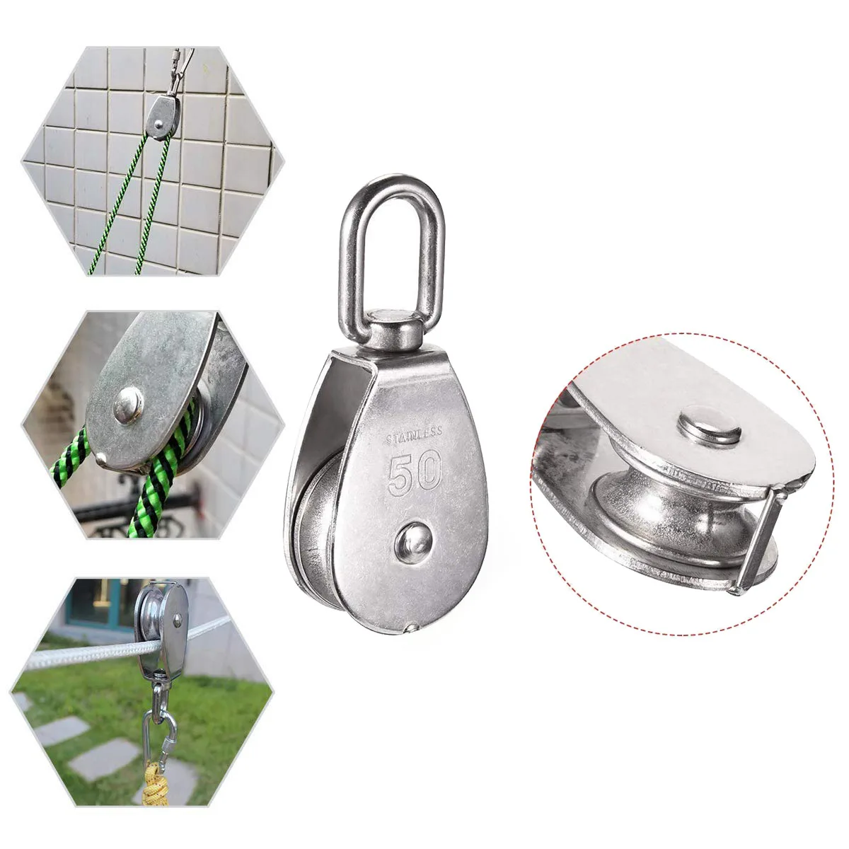 304 Stainless Steel Wire Rope Pulley M15 M20 M25 M32 M50 Single Pulley Block for Lifting Hanging Wire Towing Wheel Accessories