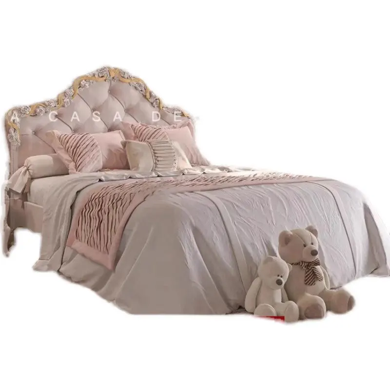 

French Palace Luxury Double Bed Gold Foil Carved Solid Wood Shell Parquet Soft Modern European Style For Master Bedroom For