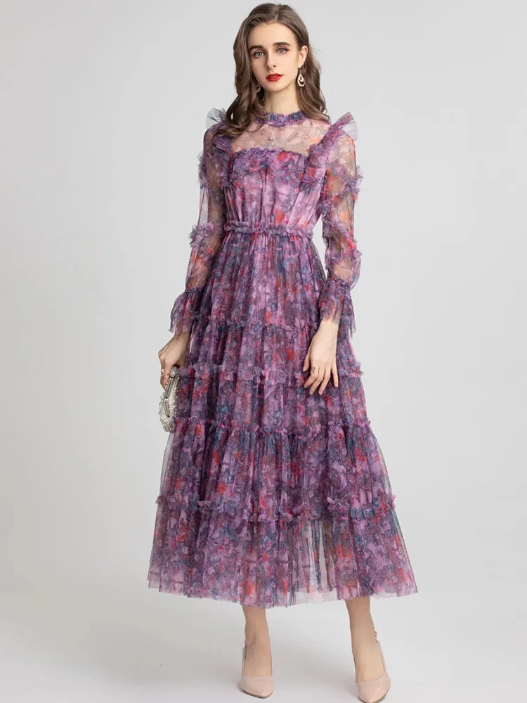 DLDENGHAN Women Mesh Dress Stand Collar Flare Sleeve Ruffles Flowers Print Vintage Party High Waist Long Dresses Summer New