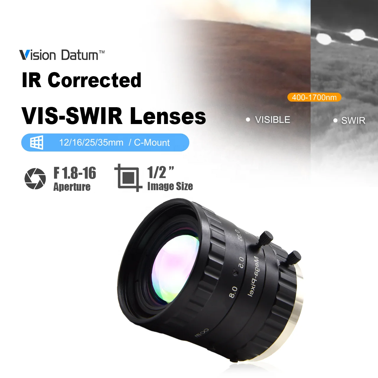 

1/2" 16mm 25mm 3MP C-Mount Manual Iris VIS SWIR 400-1700nm IR Corrected Lens For IMX990 SWIR Camera