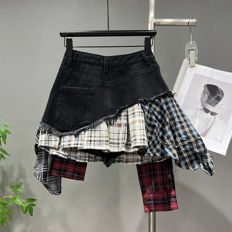 Fashion Retro Irregular Patchwork Plaid Denim Skirts Women High Waist Summer Jeans Mini Skirt Ladies Skirts Jupe Femme