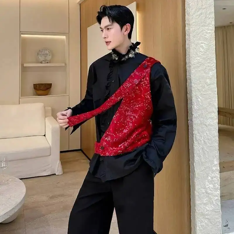 LUZHEN Patchwork 2026 Sleeveless New Original Personalized Shirts Sequin Men's Fashion Night Club Outfit Party Tank Tops JY7608