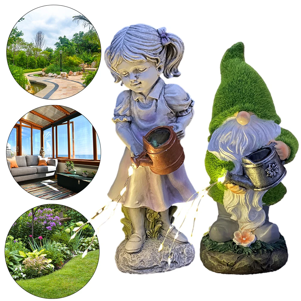 Solar Dwarf Holding Kettle Figurine Waterproof Cute Gnome Lighting Statue Creative Mini Elephant Sculpture for Garden Yard Decor