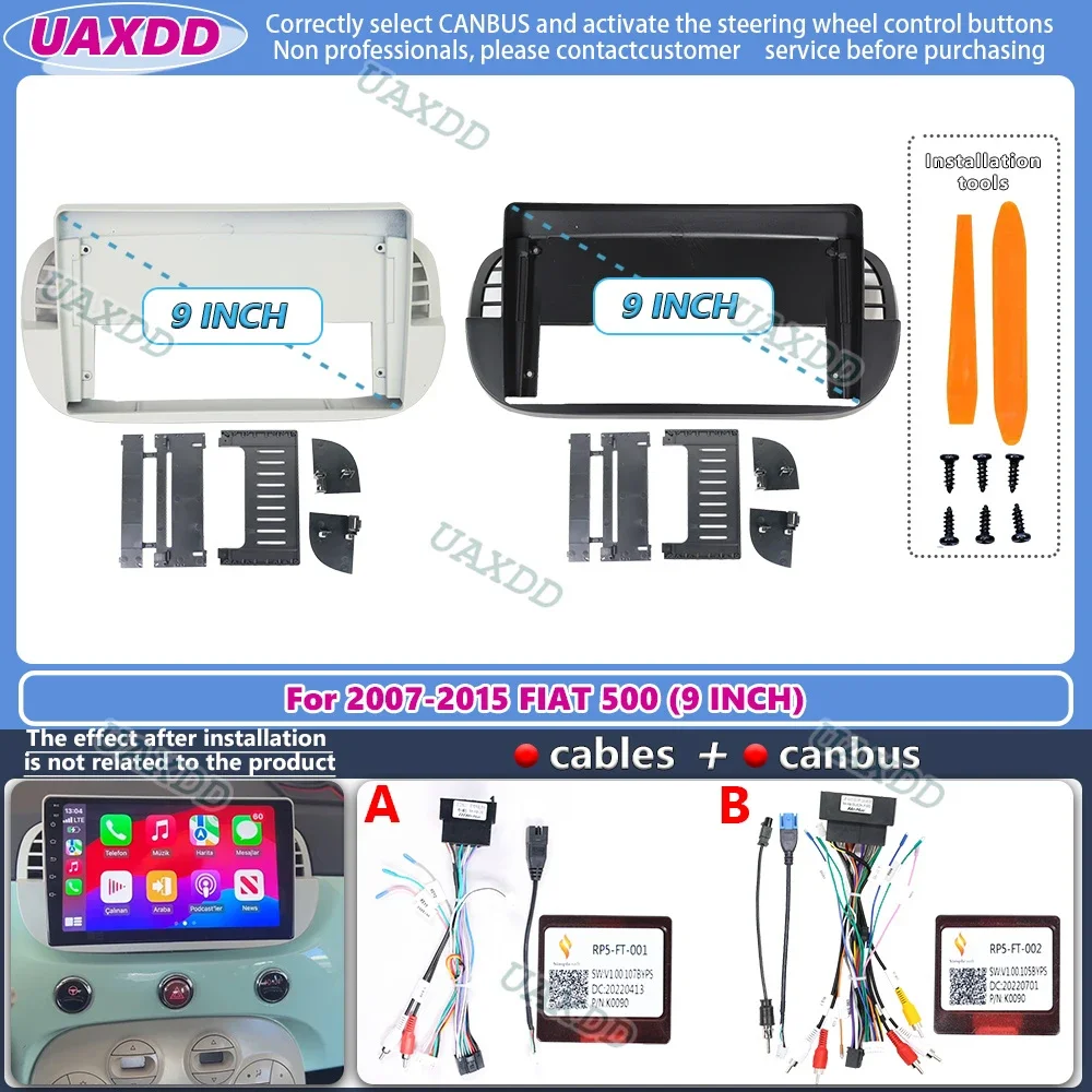 For 2007-2015 FIAT 500 9INCH 2 Din Car Stereo CD Android Frame Panel Fascia Cable Video Harness Adapter Dashboard Decoder CANBUS
