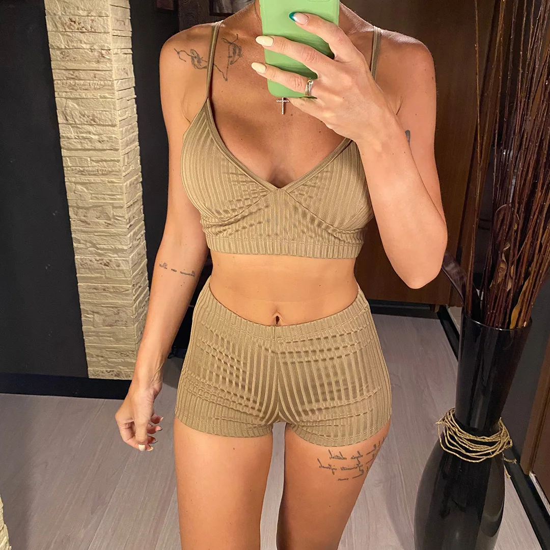 Gerippte Shorts, Damen-Badeanzug, Bikini mit hoher Taille, zweiteiliges Bikini-Set, gepolsterter Badeanzug, Damen-Badebekleidung, V3281. – Detail 2