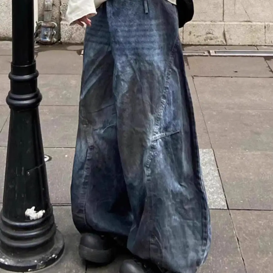 Punk Street Style Fashion Denim Pants American Retro Wash Personality Wide Leg Jeans Chic Gothic Pockets Casual Pants Y2k 2025