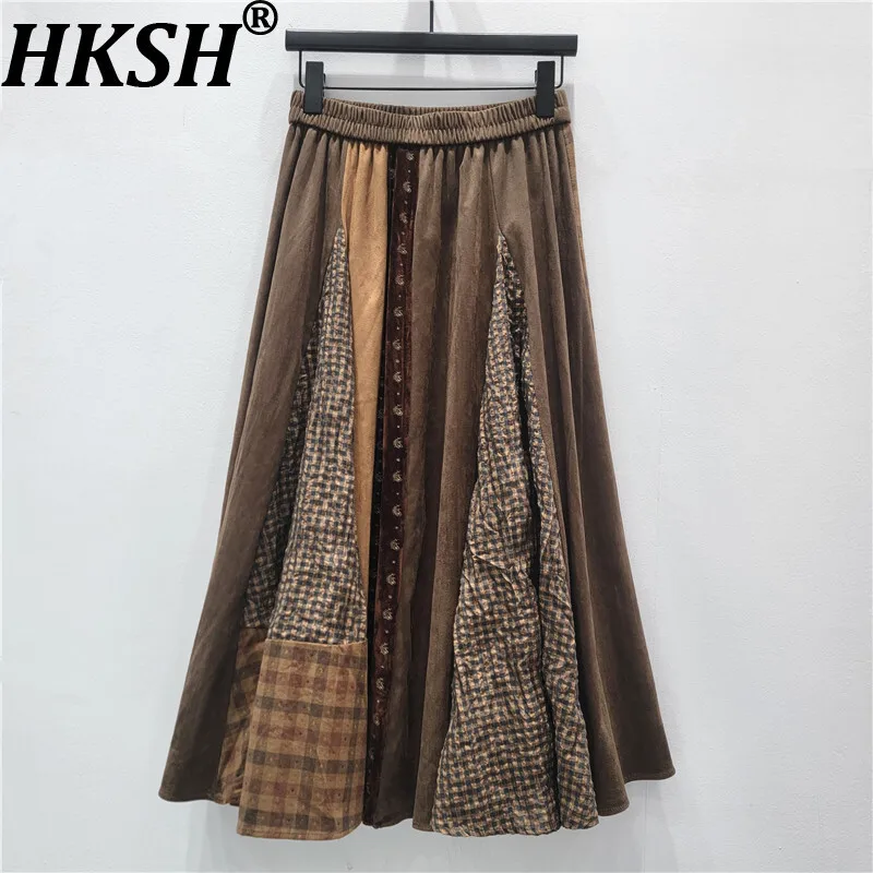 

HKSH 2021, осенне-зимняя новая женская юбка с эластичной резинкой на талии, клетчатая лоскутная нерегулярная плиссированная уличная одежда трапециевидной формы, юбки Y2K HK14320