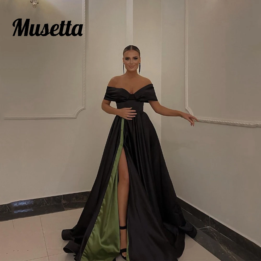 Musetta Modern Black Satin Evening Gowns Sexy Off The Shoulder Formal Prom Dresses Side Slit A-Line Robe De Soirée Customized