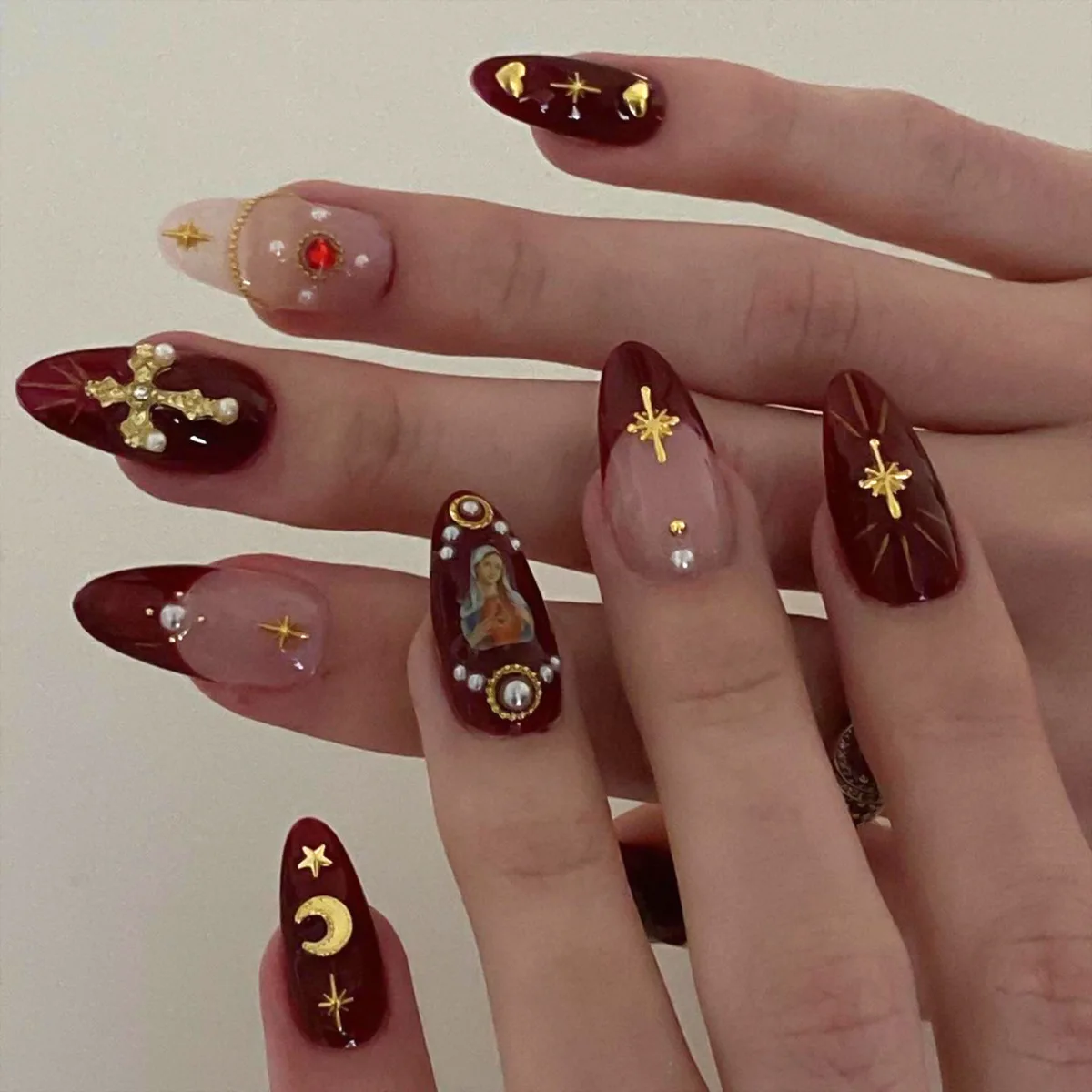 Wine Red Winter Pressing Nail Pearl Cross Girl Nail Almond Nail Flakes 24 pieces Fully finished fake nails