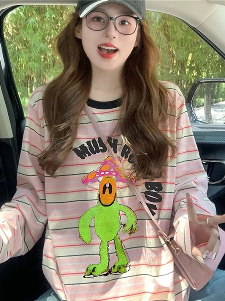 

Длинная футболка в полоску с рисунком, женская свободная футболка в стиле ретро, американский дизайн, осенний новый цветной топ Blo Top