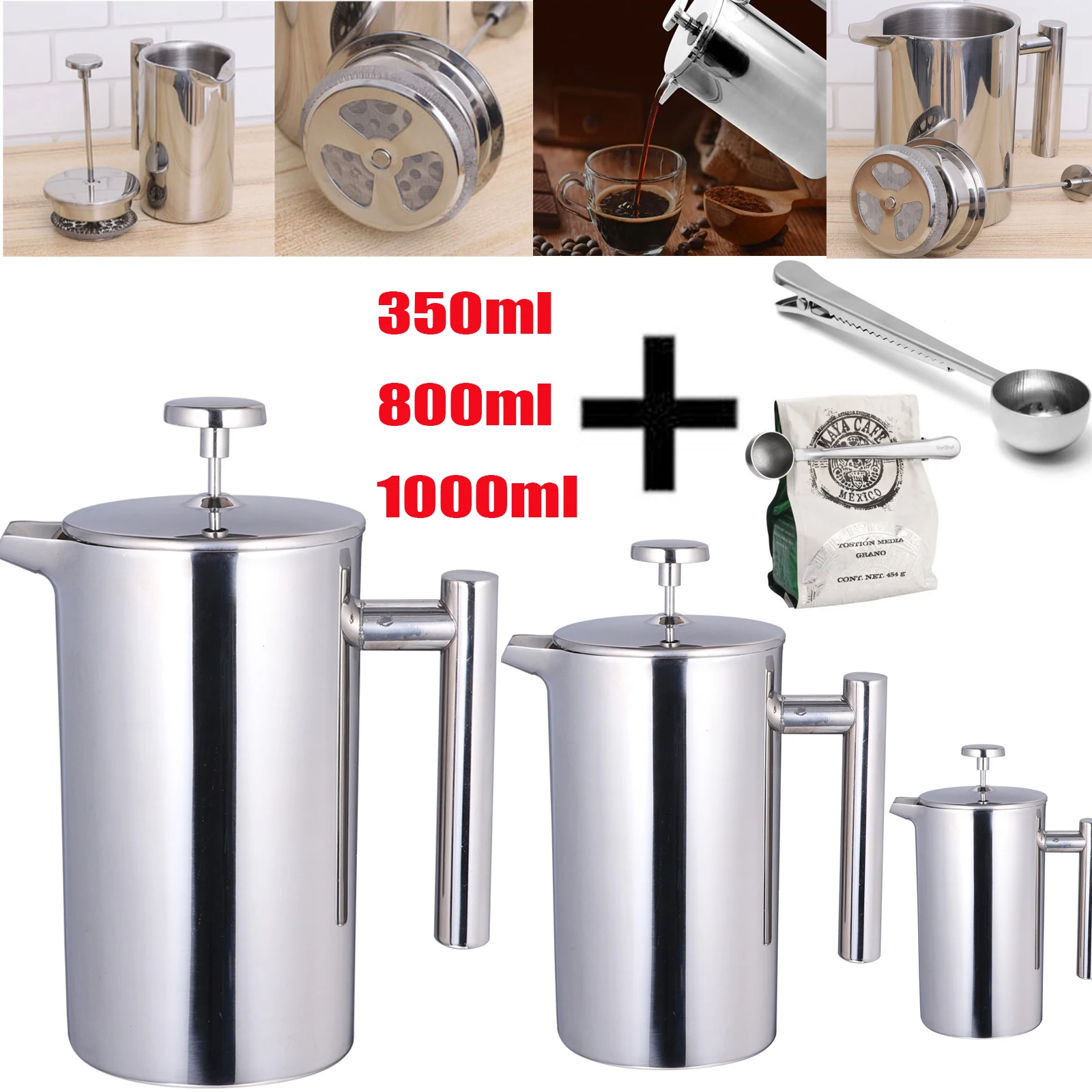 

1000Ml Stainless Steel French Press Coffee Maker Tea Infuser Mug Double Layer Heat Resistant Large Capacity Easy Clean Modern