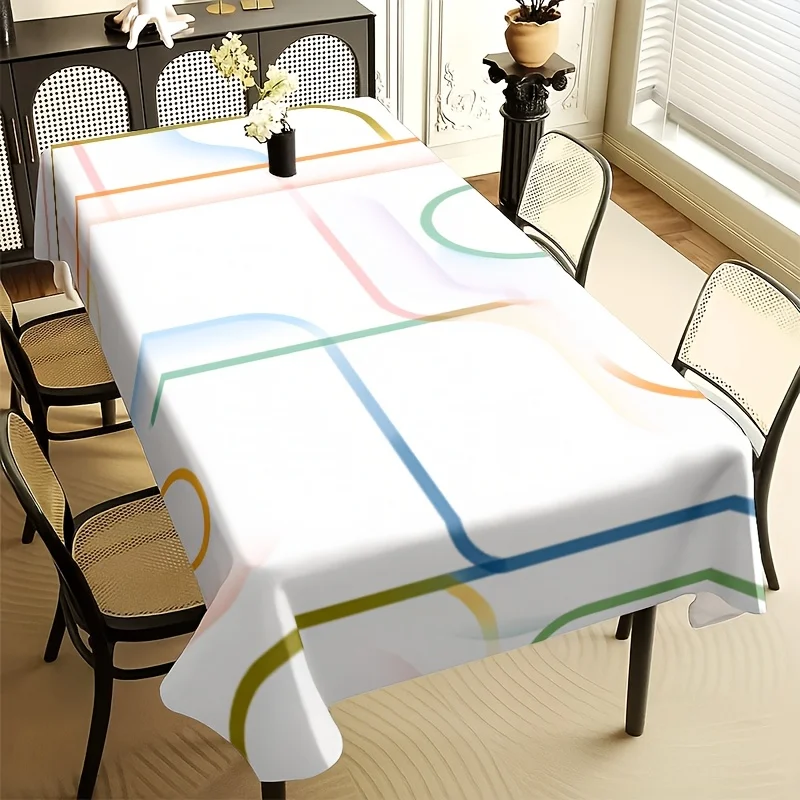 Colorful Line Tablecloth, White Base With Soft Rainbow Curve Print, Rectangular Table Cover for Dining Kitchen Home Decor