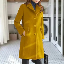 Women Long Sleeve Turn-down Collar Woolen Coat Women Solid Pocket Single-Breasted Straight Long Coat Autumn Winter Woolen Coat
