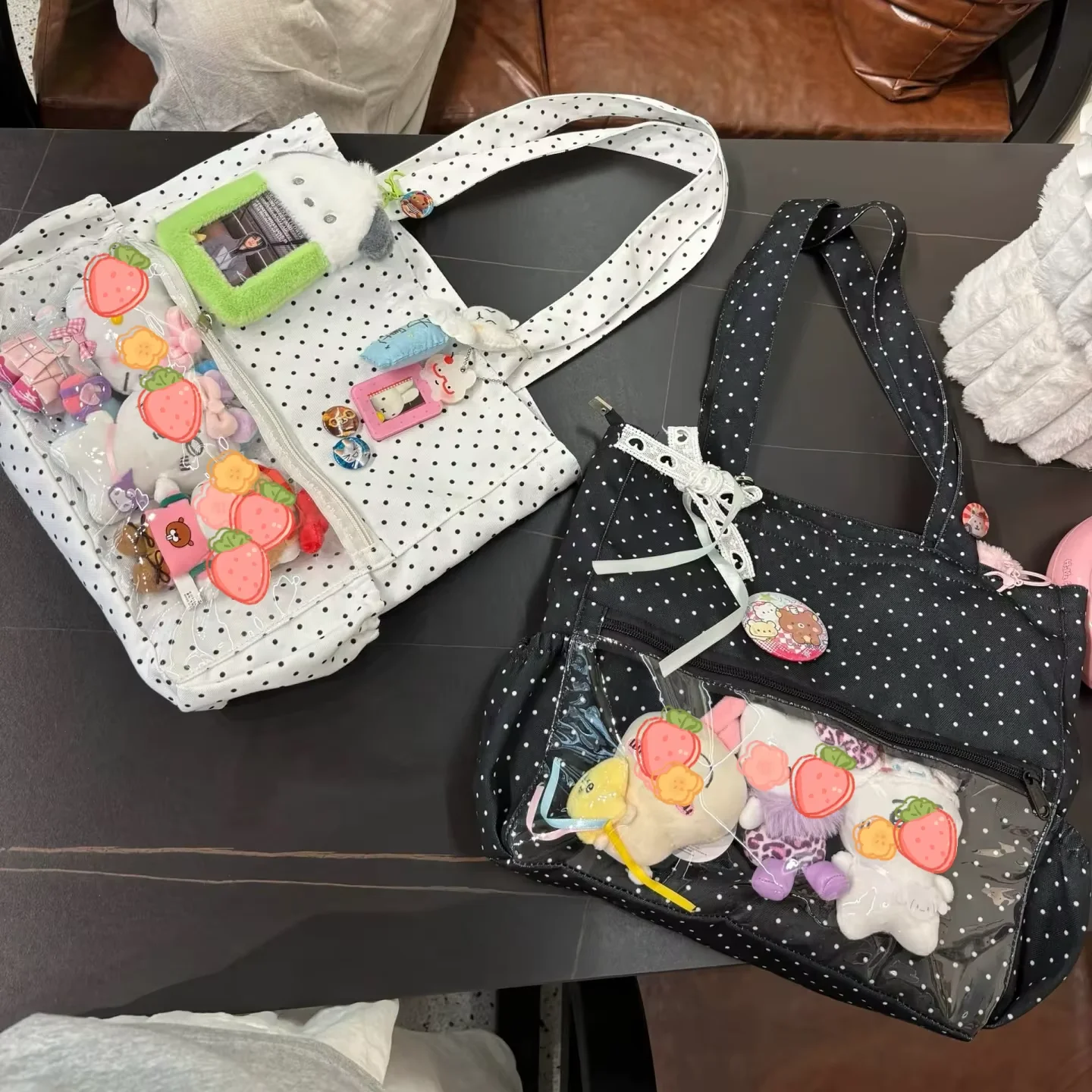 New Y2k Cute Ita Bag Girls Transparent Shoulder Bag Fashionable Large Capacity Polka Dot Canvas Tote Bag Casual Commuter Handbag view 5