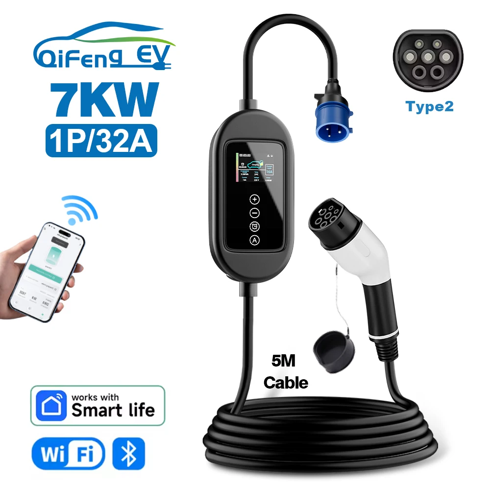 

7KW Portable Electric Vehicle Charger 5M Length 2.4 Inch Display Type2 Car Charger EVSE Charging Cable with Wi-Fi APP Control