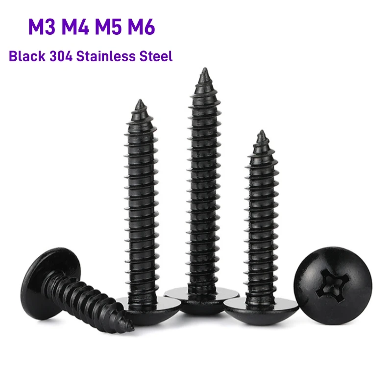 2~30pcs M3 M4 M5 M6 Phillips Truss Head Self-tapping Screw Black 304 Stainless Steel Cross Recessed Mushroom Head Wood Screws