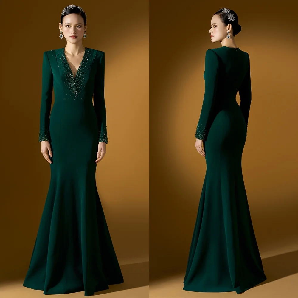 

Customized Exquisite Jersey Pleat Sequined Trumpet V-neck Long Dresses Bespoke Occasion Dresses Sizes Available