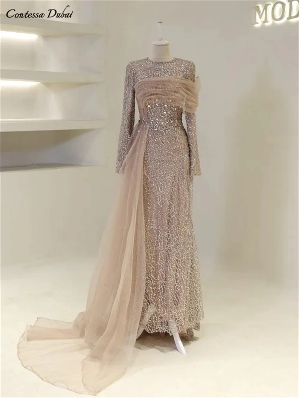

Contessa Dubai платье для выпускного вечера с длинными рукавами и элегантной тюлевой верхней юбкой Vestidos de noche длиной до щиколотки женское вечернее платье