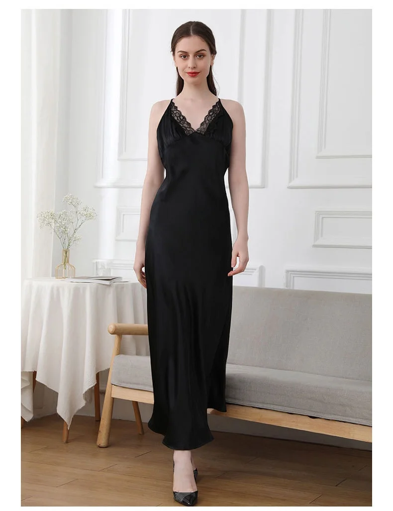 100% Silk Women Long Nightgown Slip Dress Lingerie Criss Cross Back Sexy Nightie V Neck Nightwear Lace Trim Sling Maxi Dress