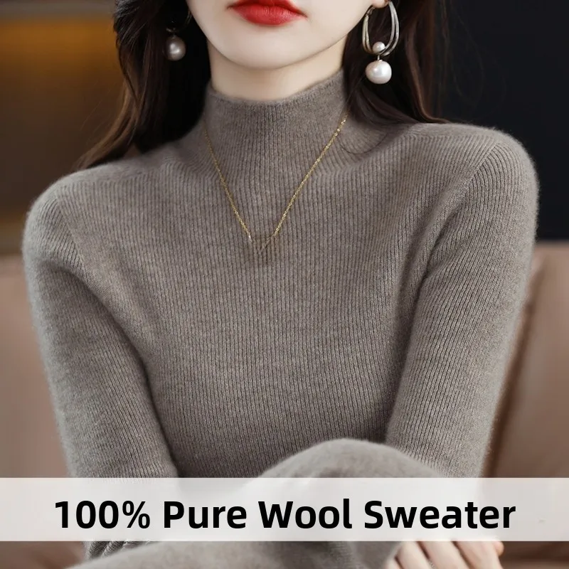 

Thiened 00% вязаный свитер из чистой шерсти, женский облегающий свитер с высоким воротником, шерстяная основа, теплая длинная одежда для поездок на работу...