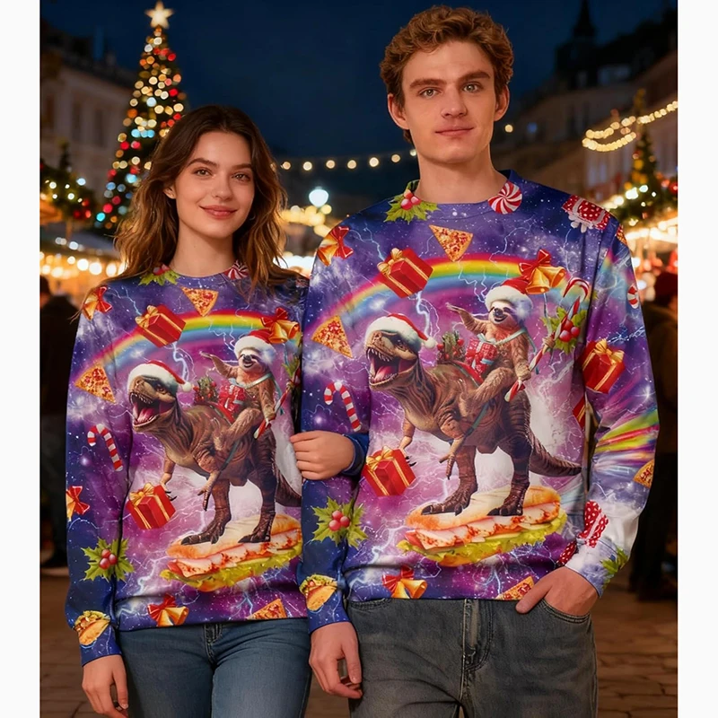 

Ugly Christmas Hoodies Women Men Funny Xmas Sweatshirts Santa Claus Reindeer Long Sleeve Holiday Pullover Loose Dinosaur Hoodies
