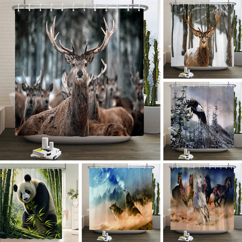 

Deer Shower Curtains With Hooks Waterproof Elk Animals 3d Bathroom Curtains Decoration Printing Washable Bath Screen