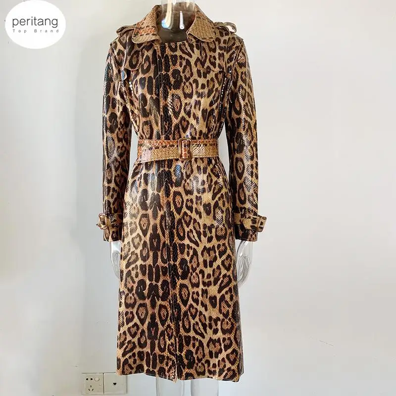 

PERITANG Autumn Trench Coat For Women Long Sleeve Leopard Double-breasted Long Windbreaker Fashion Casual Slim Women Overcoat