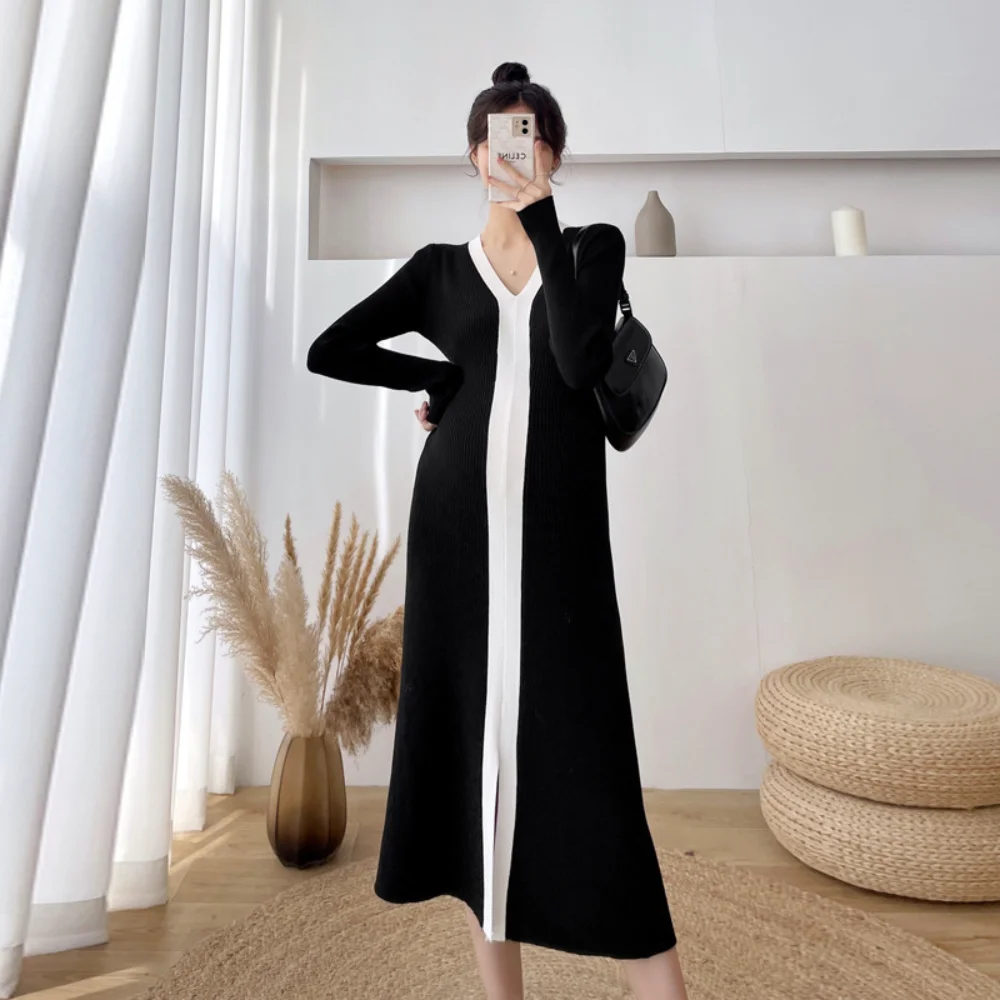 Autumn Winter Knitted Dresses Maternity Dress Long Sleeve V Neck Patchwork Sweater Dress Korean Fashion vestidos de fotografia