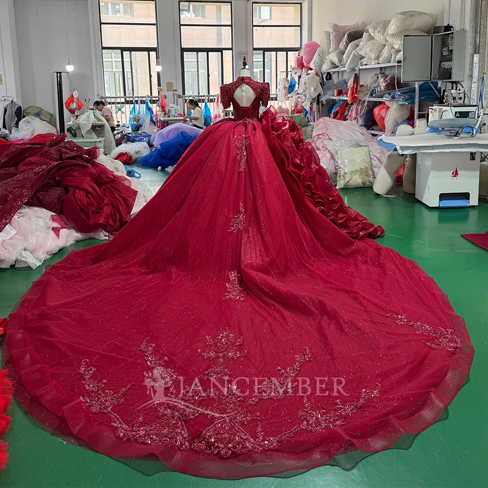 Elegant Crimson Ball Gown Customized Wedding Dress Scoop Neck Bolero Tassels Floral Appliques Hip Bow vestidos de novia boda