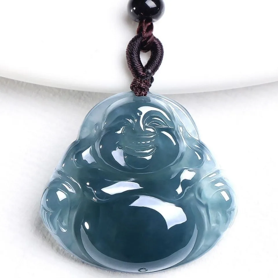 

Natural Myanmar Jadeite Grade A Burma Blue Water Jade Buddha Pendant Necklace Men Women Fine Jewelry Lucky Charms Amulets