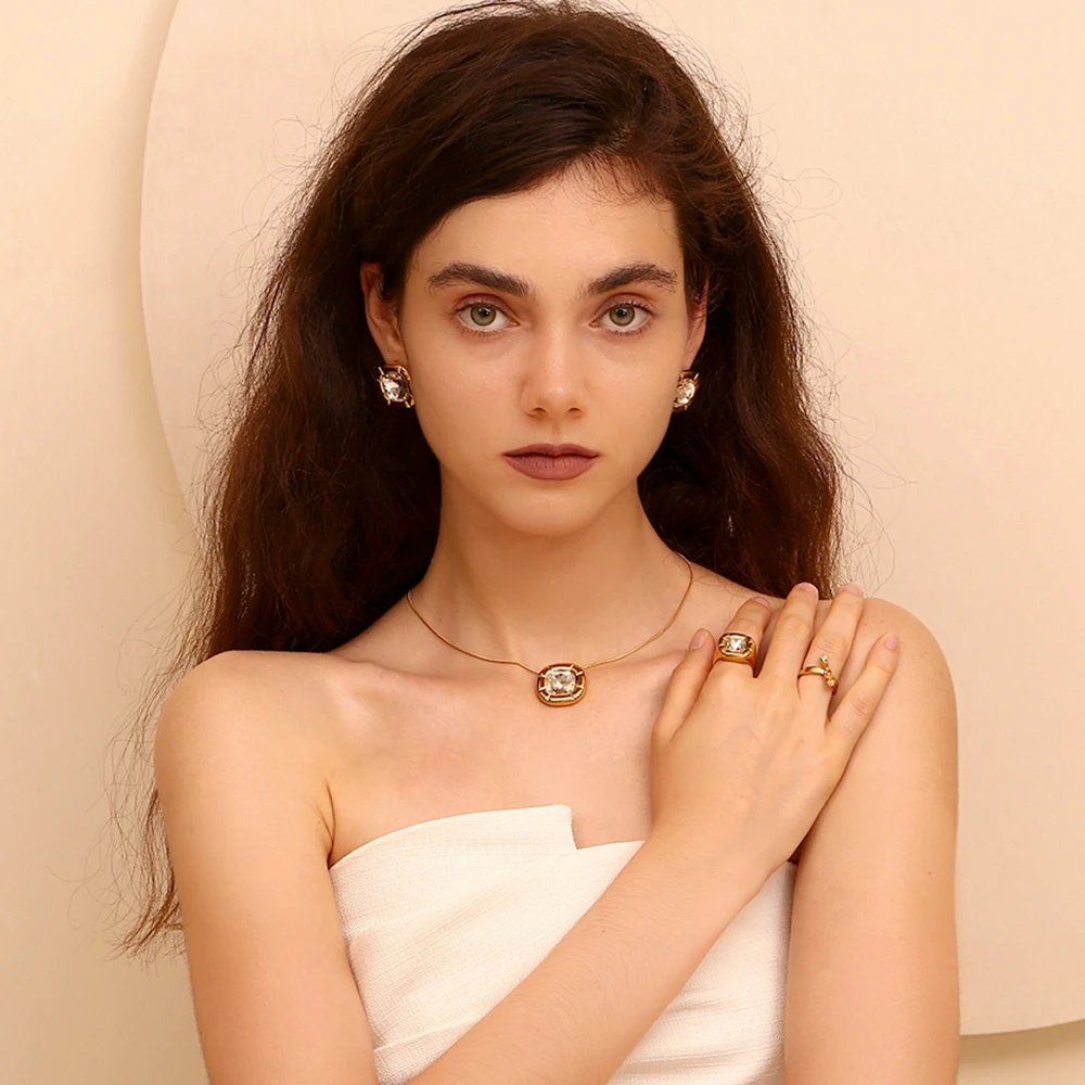 E.B.belle Colorful Zircon necklace for women Square zircon earrings Sparkling Rings Jewelry set Stainless steel premium jewelry