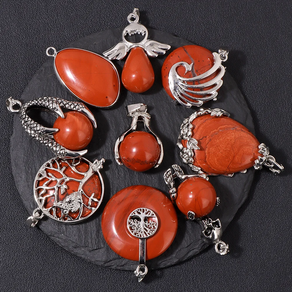 Fashion Red Jasper Stone Pendant Silver Color Metal Wrapping Charm Fit Jewelry DIY Necklace Earrings Bracelet Handmade 2PCS/lot