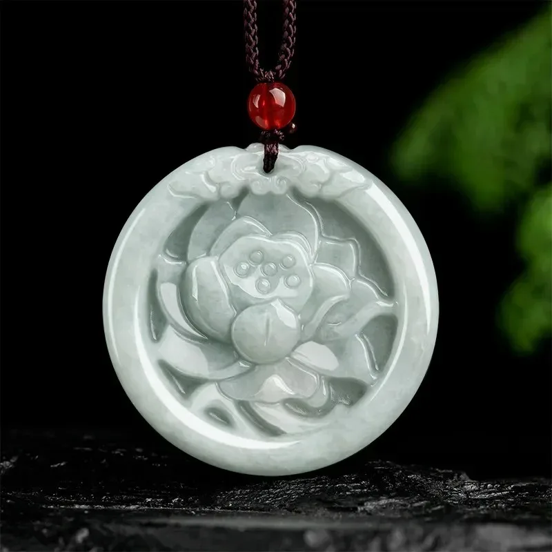 Colgante de Jade Esmeralda Natural de Myanmar A -cargo, Colgante de Loto, Colgante Ice Seduction, Cadena de Moda de Alta Gama para Hombre y Mujer