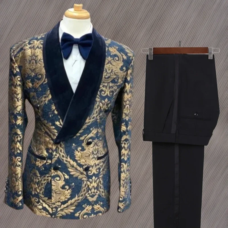 

Floral Men Suits With Double Breasted For Wedding Prom 2 Pcs Smoking Jacket With Pants Velvet Shawl Lapel Groom Tuxedo