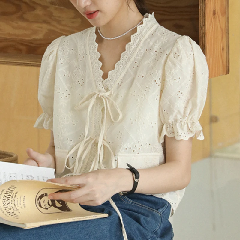 QOERLIN Korean Chic Summer New Women Lace V Neck Short Sleeve Blouse Tops Shirts Hollow Out Puff Sleeve Casual Tops Blouse Trend