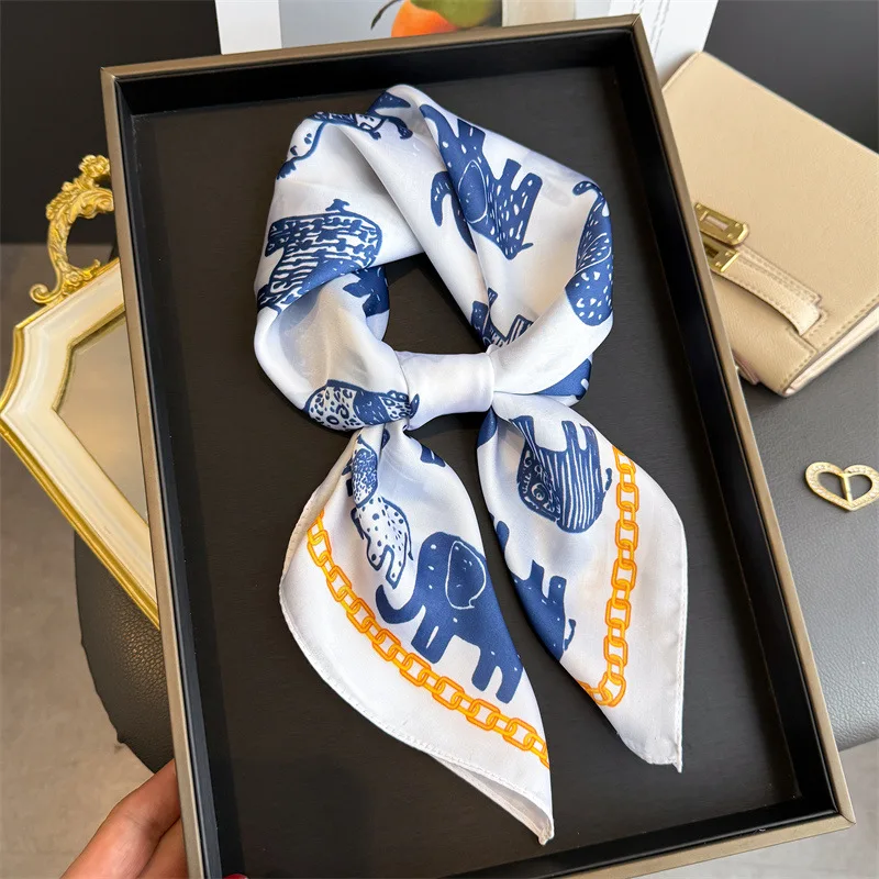 

Luxury Chain Square Scarf For Women Cute Elephant Print Silk Scarves Bandanas Ladies Hijab Neckerchief Elegant Shawl Wraps Gift