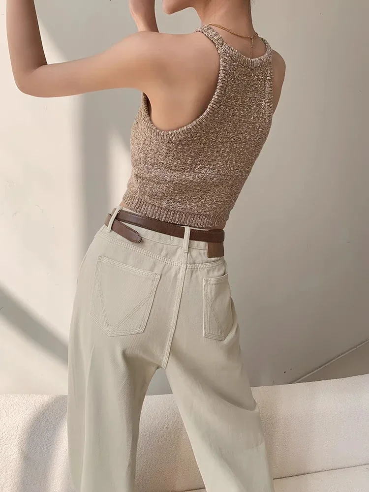2024 New Summer Women Halter Collar Tank Crop Tops Female Sleeveless Short Knitted T-Shirt Stretchy Camisole Tees for Slim Girls