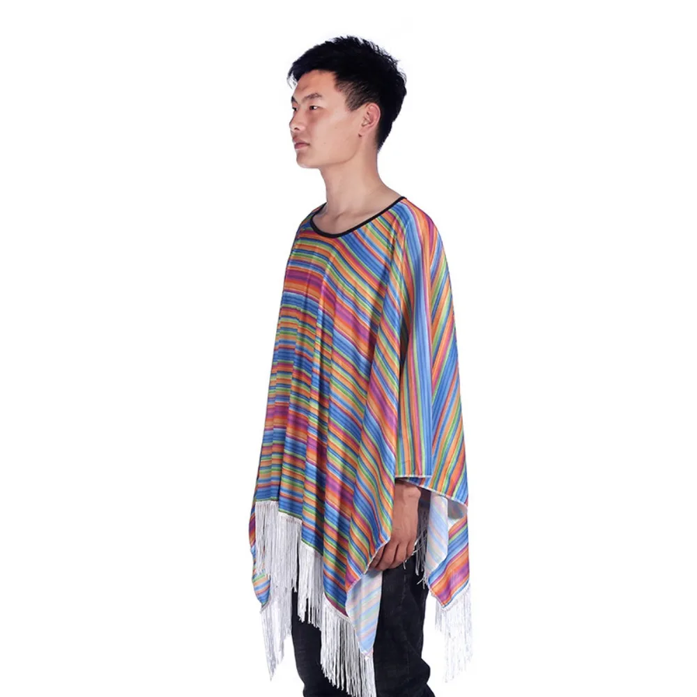 Ethnic Cloak Mexican Costume Rainbow Stripe Cosplay Mexican Style Cloak Cape Dress-up Folk Cape Mexican Poncho Kids Adult
