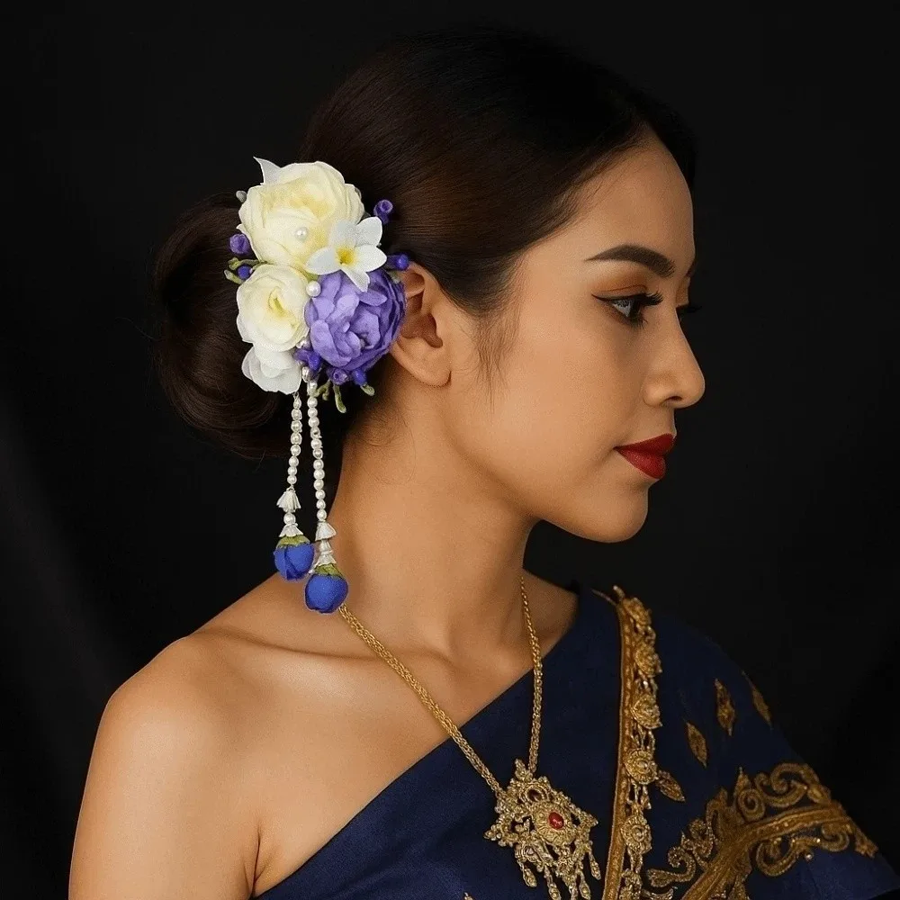 

Sweet Flowers Hairpin with Tassels Thai Style Floral Headwear Tulip Hair Comb Plastic Cloth Chignon Hair Clips