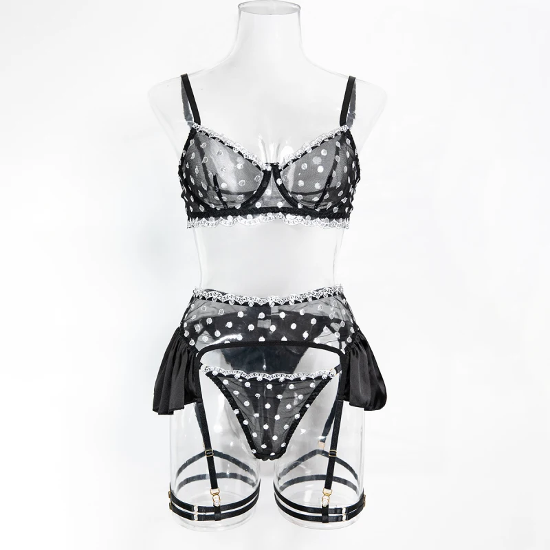 

Bikini lingerie see-through push-up sexy black bra garter belt four-piece set