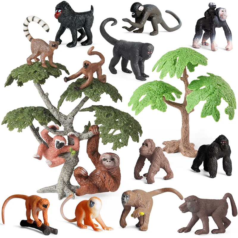 16 pçs macaco modelo animal figuras conjunto selvagem primado gibbon orangotango preguiça anel-cauda lemur gorila e árvores para crianças presente